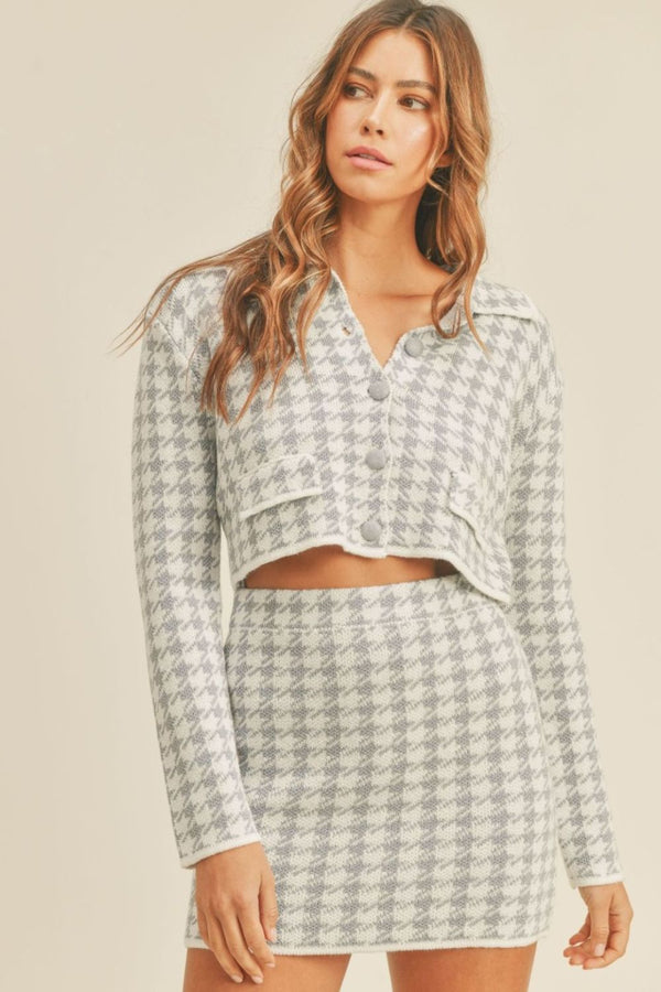 MABLE Houndstooth Cropped Knit Cardigan and Mini Skirt Set - 1985 THE VAULT