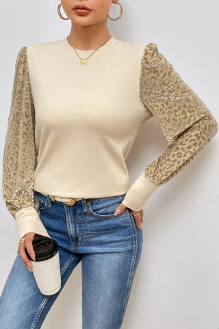 Leopard Print Long Sleeve Ribbed Knit Blouse - 1985 the VAULT Boutique