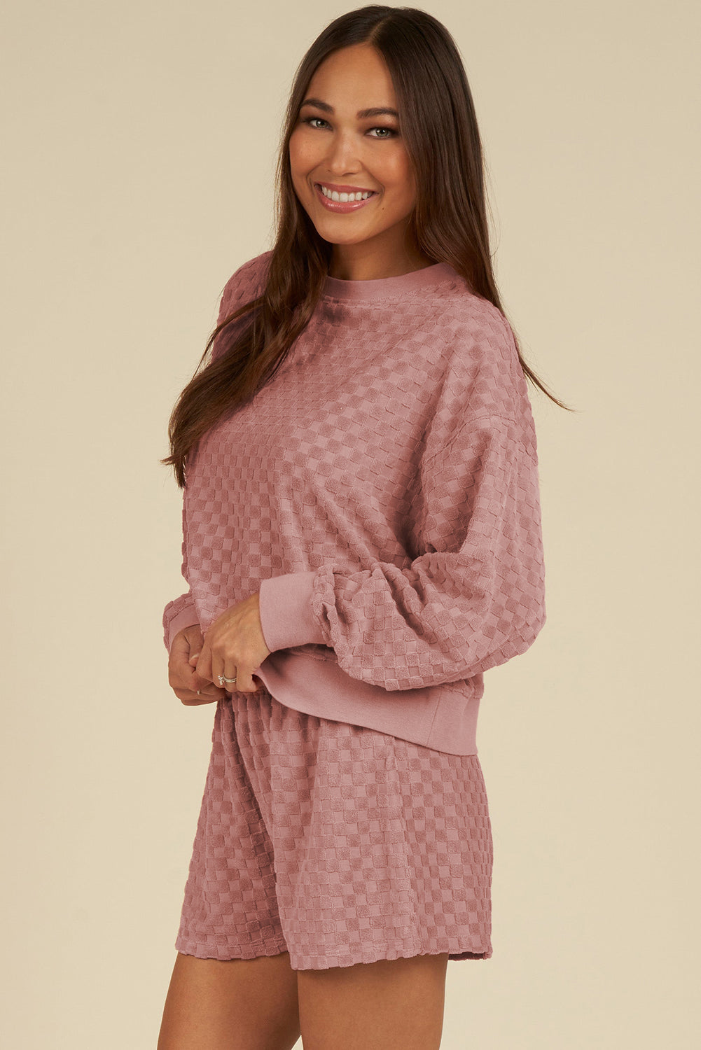 Round Neck Long Sleeve Checkered Top and Shorts Set - 1985 the VAULT Boutique