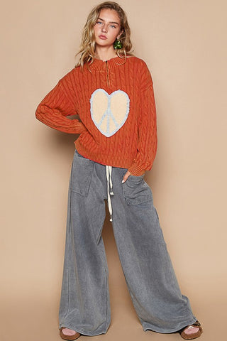 POL Cable-Knit Peace Patch Dropped Shoulder Sweater - 1985 the VAULT Boutique