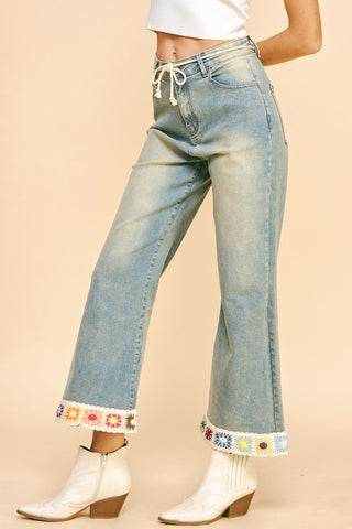 Davi & Dani Crochet Trim Flare Jeans with Pockets - 1985 the VAULT Boutique