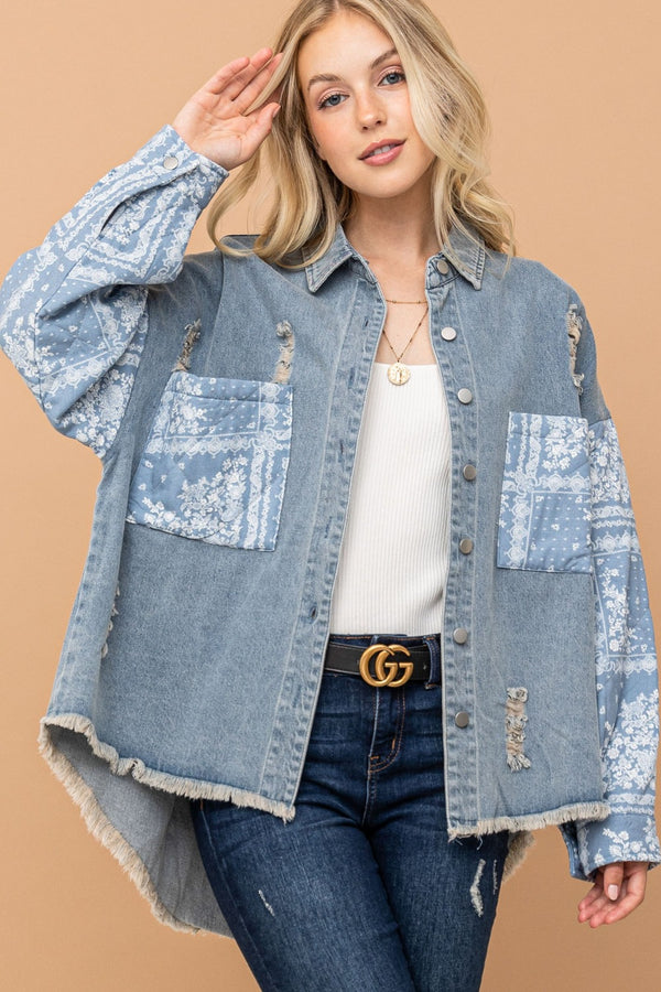 And The Why Full Size Paisley Print Quilted Sleeves Denim Jacket - 1985 the VAULT Boutique