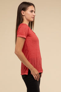 Basic Washed Melange Burnout Scoop V-Neck Top - 1985 the VAULT Boutique