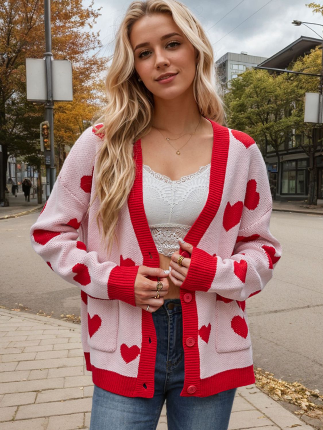 Heart Button Up Dropped Shoulder Long Sleeve Cardigan - 1985 the VAULT Boutique