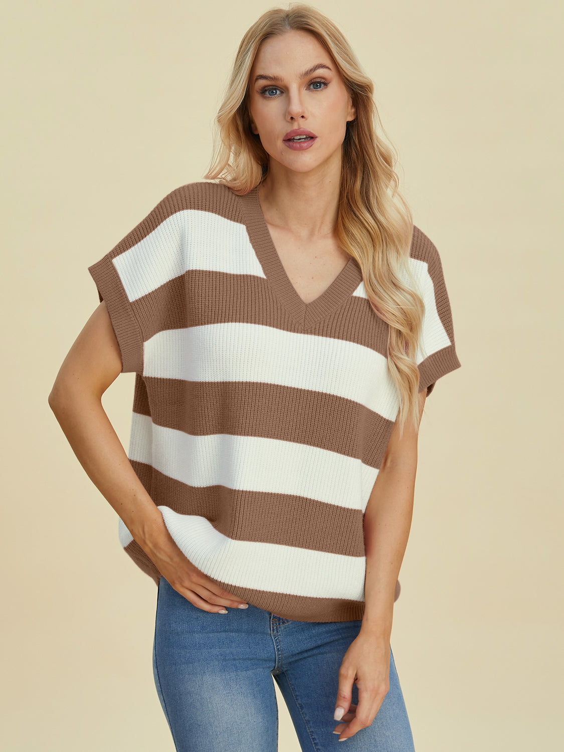 Double Take Full Size Striped V-Neck Short Sleeve Sweater - 1985 the VAULT Boutique