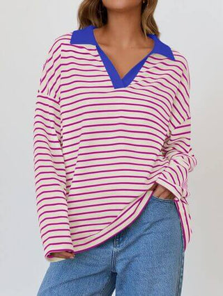 Mandy Striped Johnny Collar Long Sleeve Sweatshirt - 1985 the VAULT Boutique