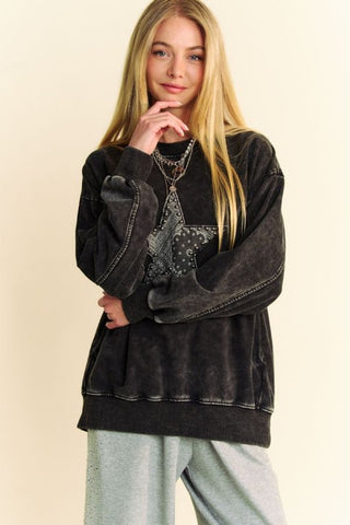 Davi & Dani Stud Star Patch Acid Washed Sweatshirt - 1985 the VAULT Boutique