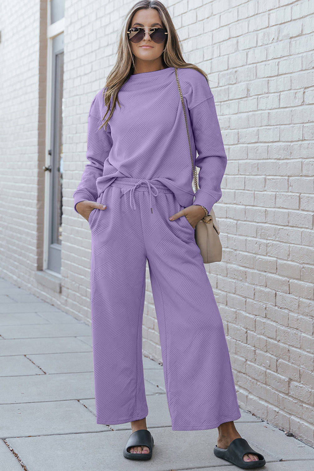 Double Take Full Size Textured Long Sleeve Top and Drawstring Pants Set - 1985 the VAULT Boutique