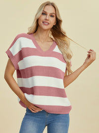 Double Take Full Size Striped V-Neck Short Sleeve Sweater - 1985 the VAULT Boutique