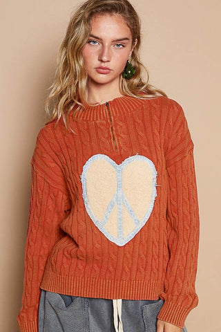 POL Cable-Knit Peace Patch Dropped Shoulder Sweater - 1985 the VAULT Boutique