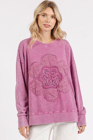 Mittoshop Flower Patch Side Slit Mineral Wash Round Neck Sweatshirt - 1985 the VAULT Boutique