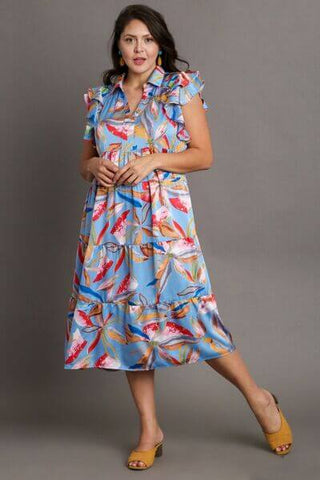 Umgee Full Size Leaf Print Double Layered Ruffle Sleeve Tiered Midi Dress Plus Size - 1985 the VAULT Boutique