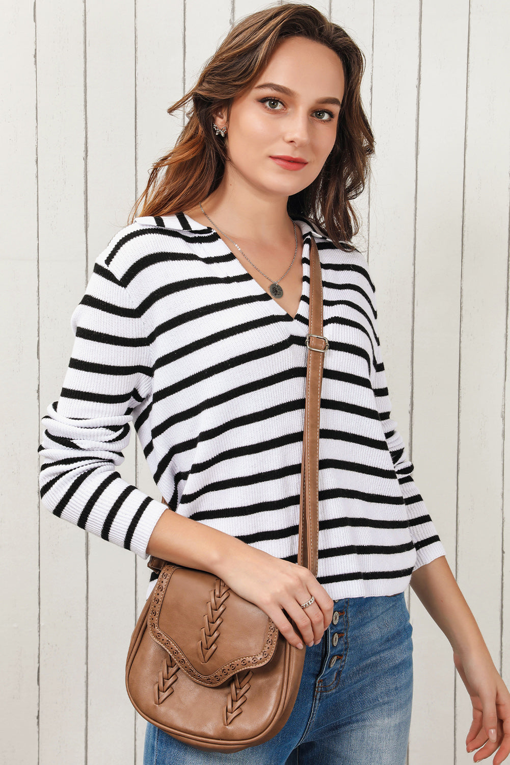 Double Take Striped Johnny Collar Long Sleeve Knit Top - 1985 the VAULT Boutique