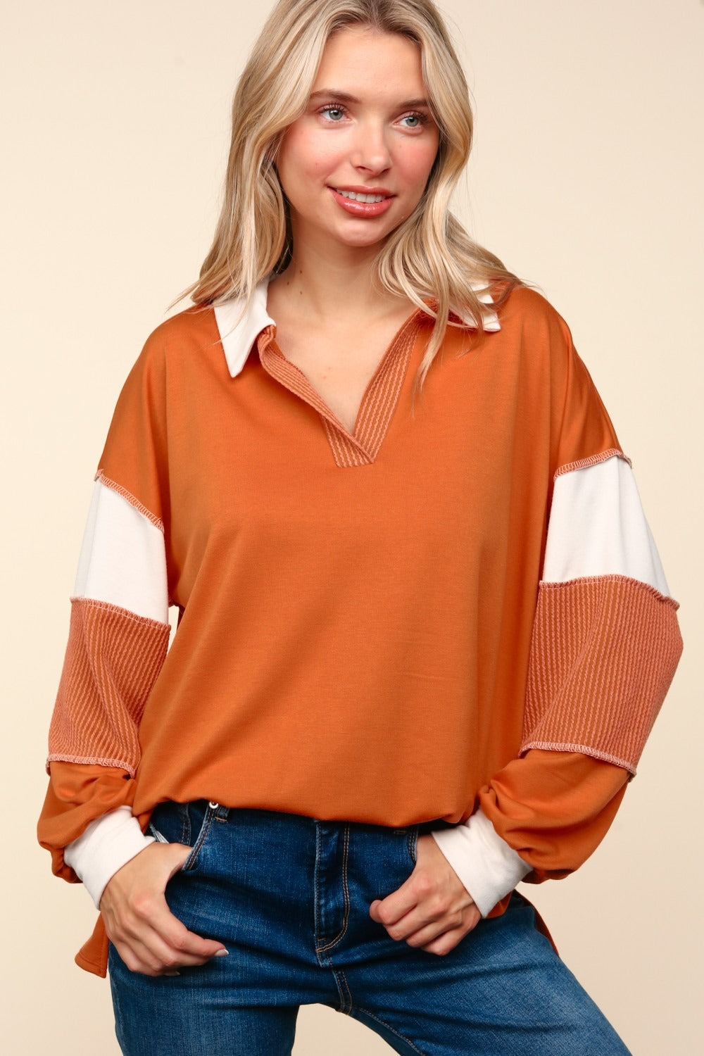 Haptics Color Block Exposed Seam Long Sleeve Top - 1985 THE VAULT