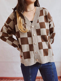 Checkered Open Front Button Up Cardigan - 1985 the VAULT Boutique