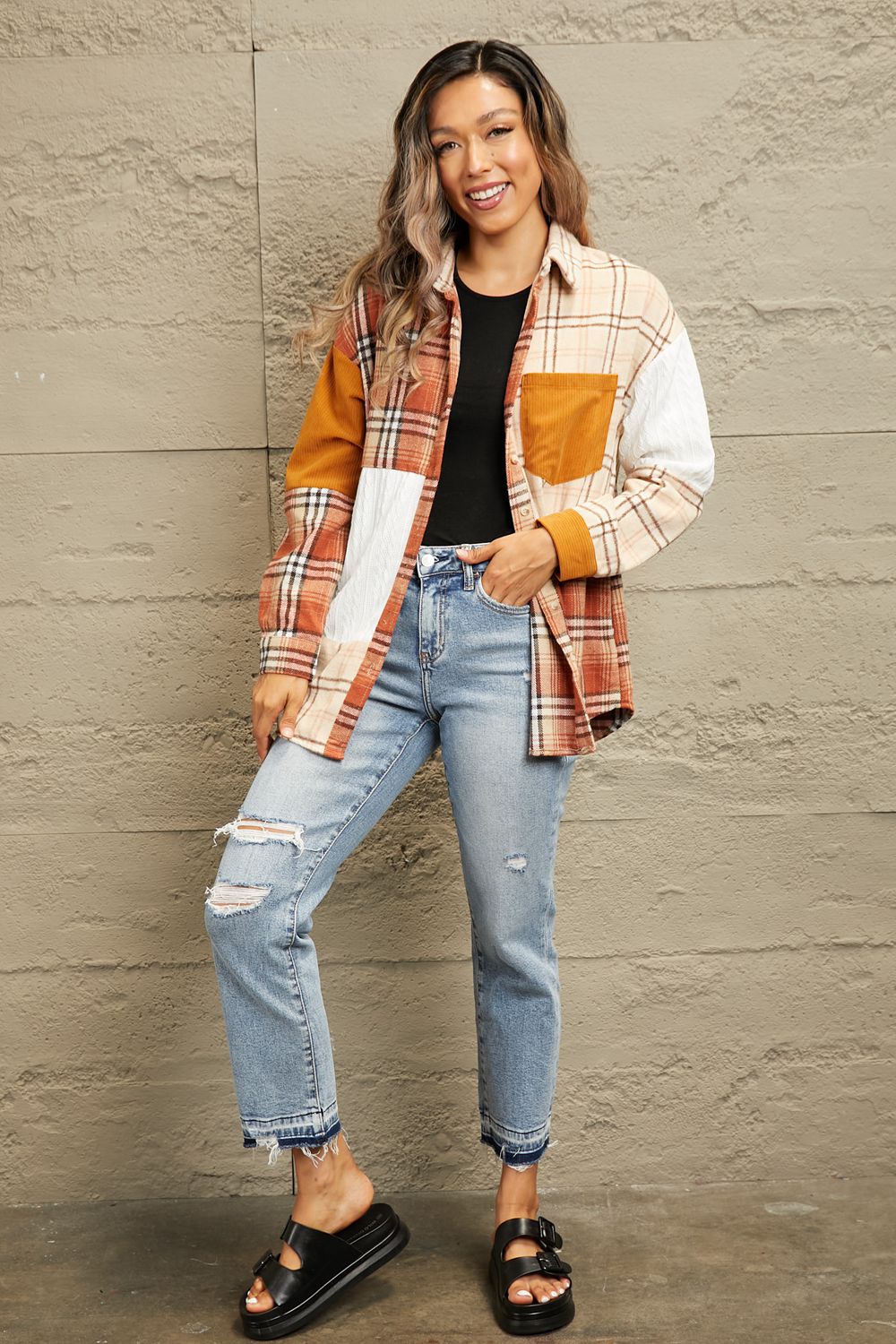 Double Take Plaid Color Block Dropped Shoulder Shacket - 1985 THE VAULT