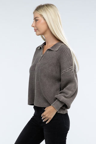 Washed Collared Henley Sweater - 1985 the VAULT Boutique