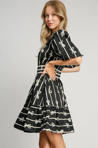 Umgee Ribbon Print Frill Contrast Velvet Trim Half Sleeve Dress - 1985 the VAULT Boutique