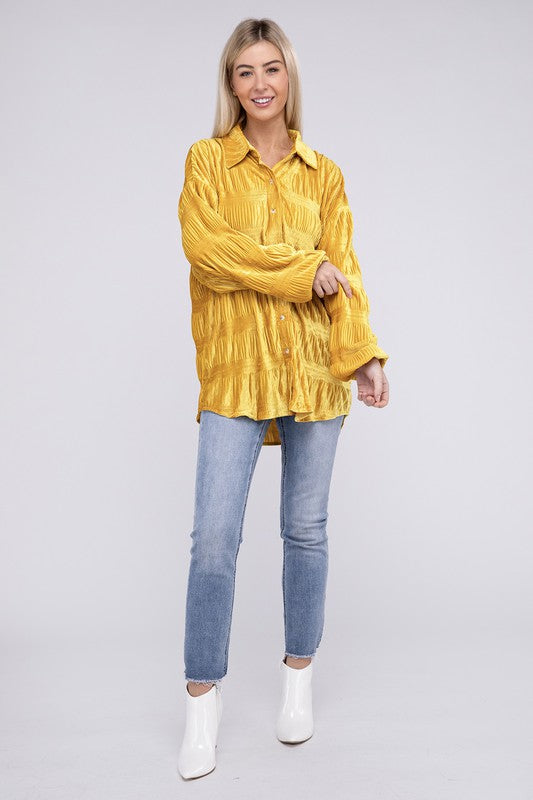 Wrinkle Effect Tiered Shirring Velvet Shirt - 1985 the VAULT Boutique