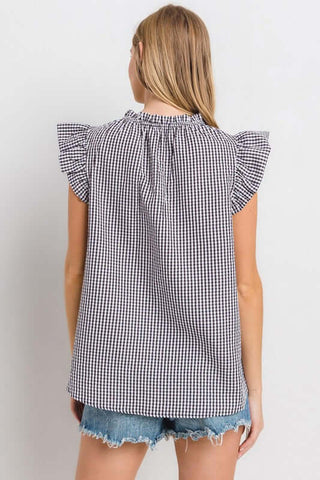 Ces Femme Plaid Notched Ruffled Cap Sleeve Blouse - 1985 the VAULT Boutique