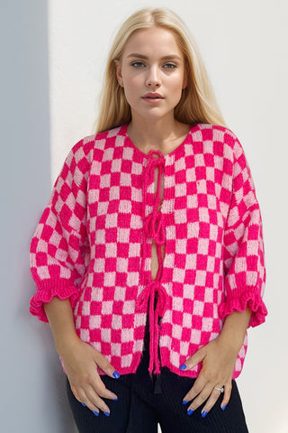 Double Take Tied Checkered Dropped Shoulder Flounce Sleeve Cardigan - 1985 the VAULT Boutique