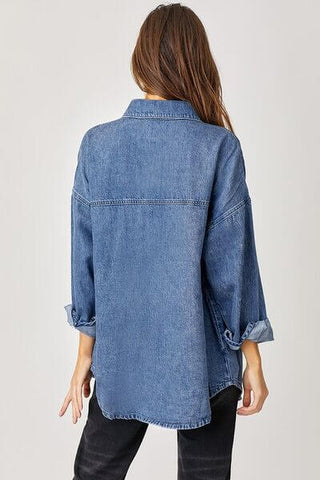 RISEN Button Up Drop Shoulder Denim Shacket - 1985 the VAULT Boutique