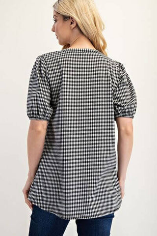 Celeste Full Size Gingham Print Top With Puff Sleeves Plus Size - 1985 the VAULT Boutique