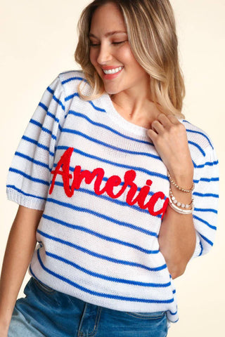 Haptics Letter Embroidery Striped Knit Top - 1985 the VAULT Boutique