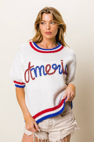 BiBi Metallic America Letter Short Sleeve Sweater - 1985 the VAULT Boutique