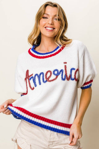 BiBi Metallic America Letter Short Sleeve Sweater - 1985 the VAULT Boutique