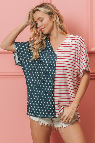 BiBi US Flag Themed Color Block Short Sleeve T-Shirt - 1985 the VAULT Boutique