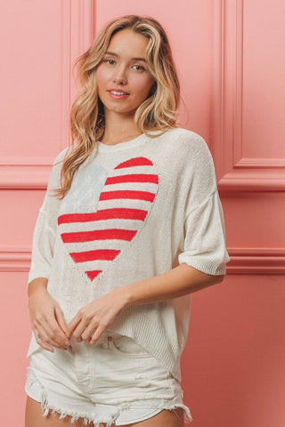 BiBi Striped Heart Contrast Knit Top - 1985 the VAULT Boutique