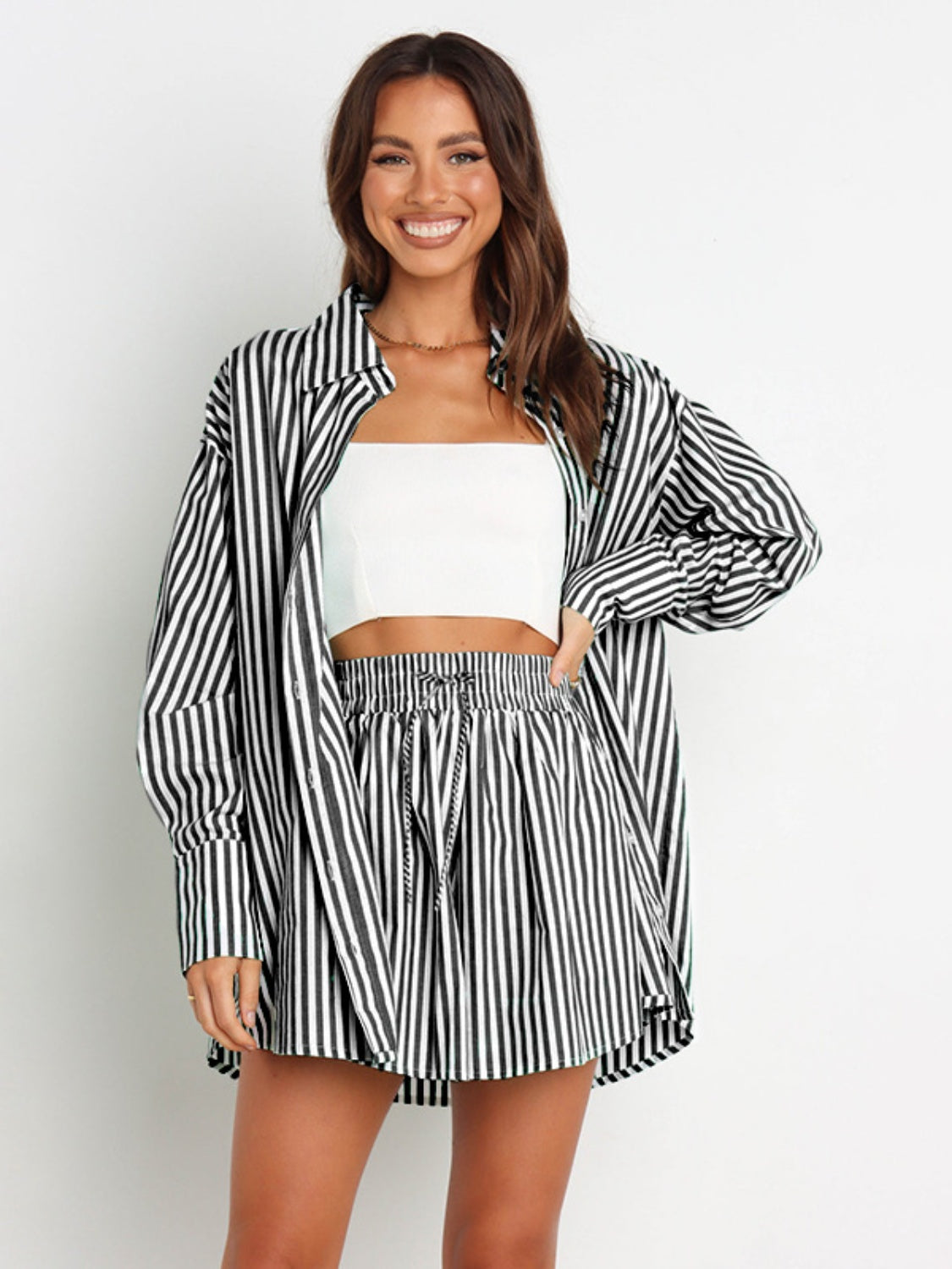 Striped Dropped Shoulder Shirt and Shorts Set - 1985 the VAULT Boutique