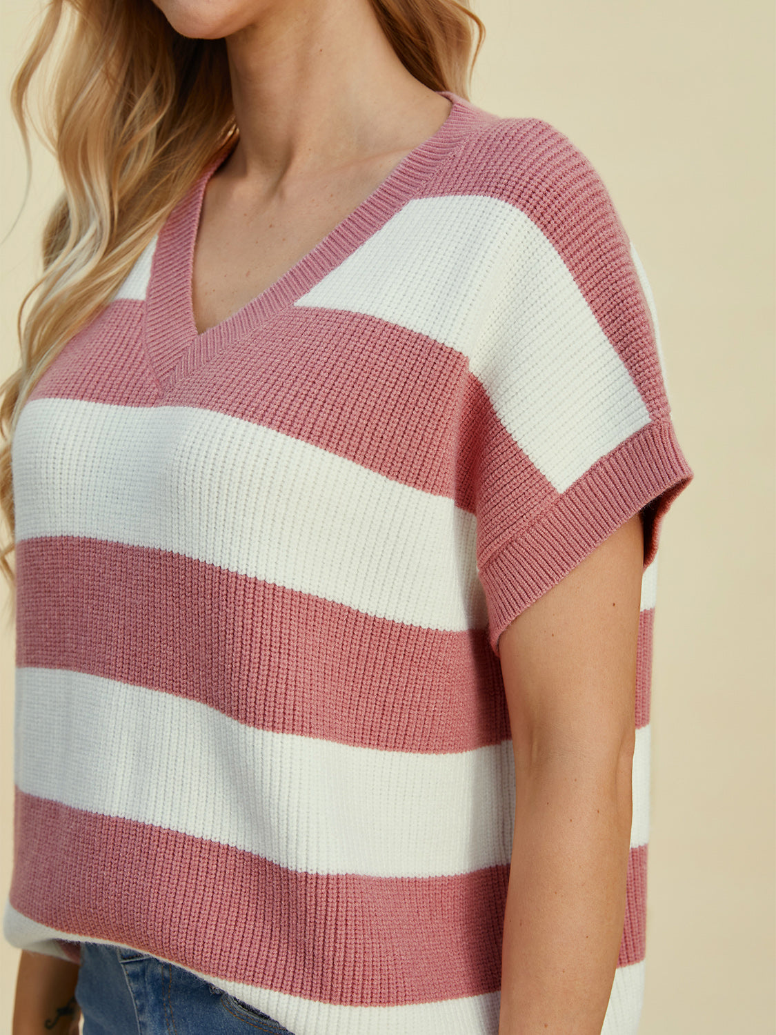 Double Take Full Size Striped V-Neck Short Sleeve Sweater - 1985 the VAULT Boutique