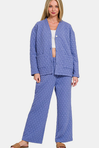 Zenana Quilted Button Up Long Sleeve Top and Pants Lounge Set - 1985 the VAULT Boutique