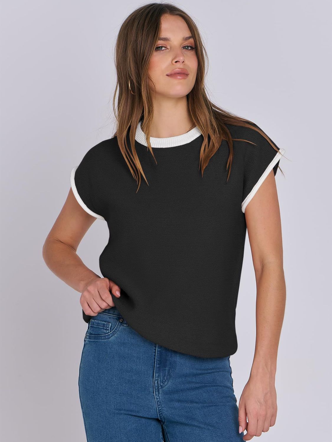 Mandy Contrast Round Neck Cap Sleeve Sweater - 1985 the VAULT Boutique