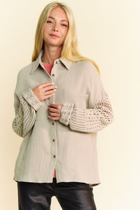 Davi & Dani Crochet Sleeve Crinkled Texture Shirt - 1985 the VAULT Boutique