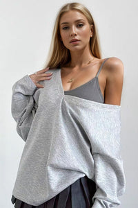 Basic Bae V-Neck Dropped Shoulder Long Sleeve Sweatshirt with Bra - 1985 the VAULT Boutique