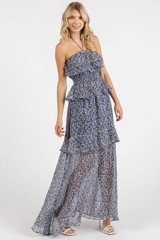 Mittoshop Ruffled Smocked Floral Halter Neck Maxi Dress - 1985 the VAULT Boutique