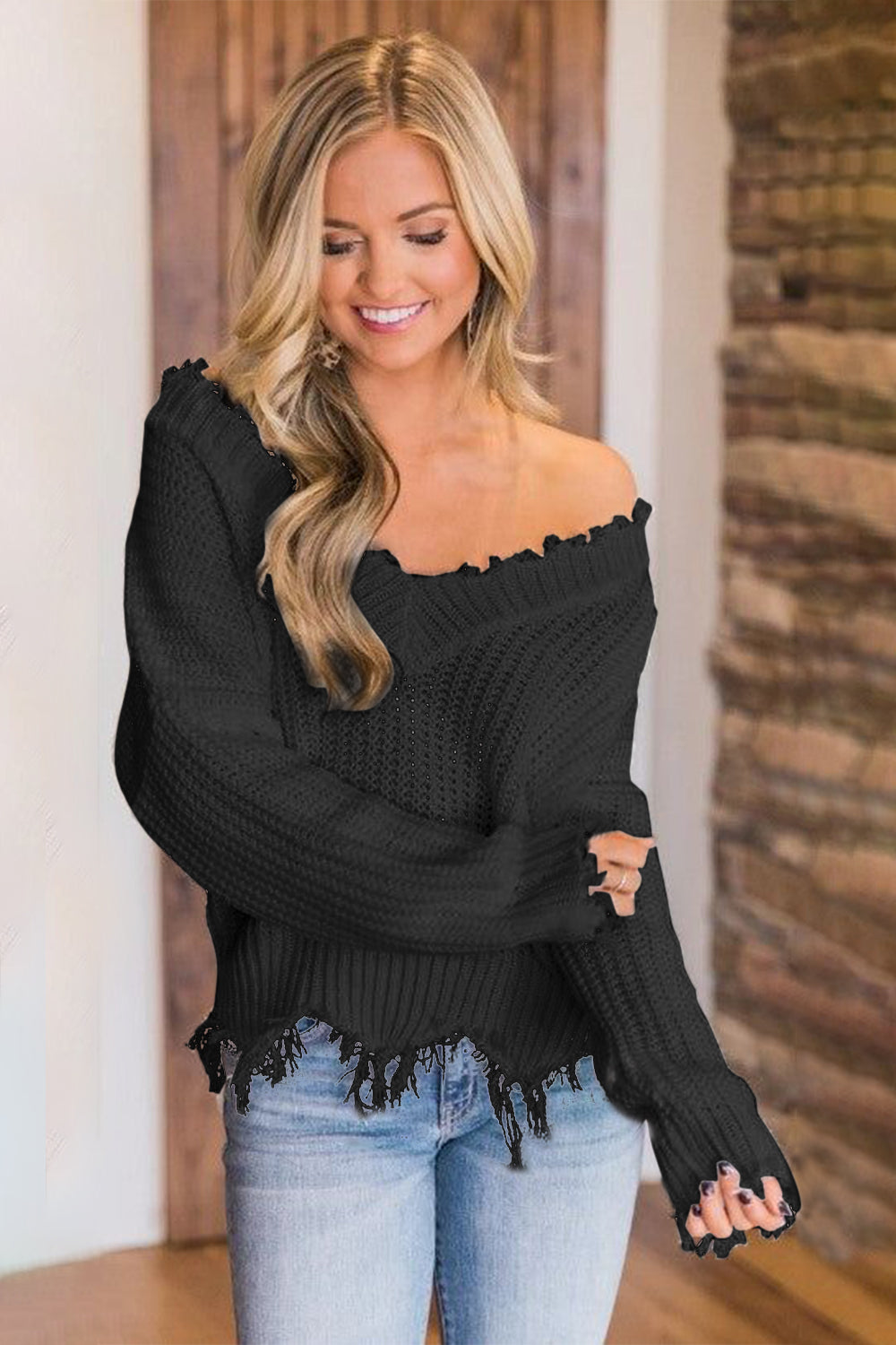 Frayed Hem Dropped Shoulder Sweater - 1985 the VAULT Boutique