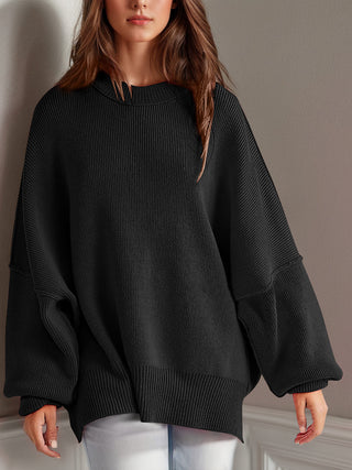 Double Take Side Slit Round Neck Long Sleeve Sweater - 1985 the VAULT Boutique