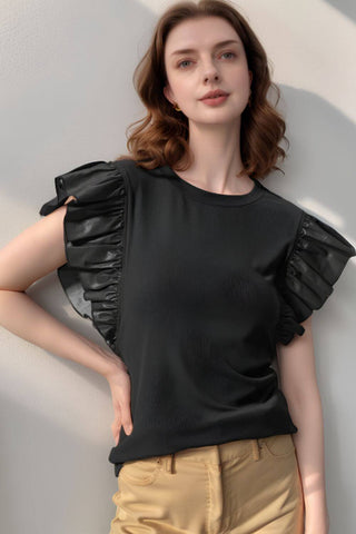 Ruffled Round Neck Cap Sleeve Blouse - 1985 the VAULT Boutique