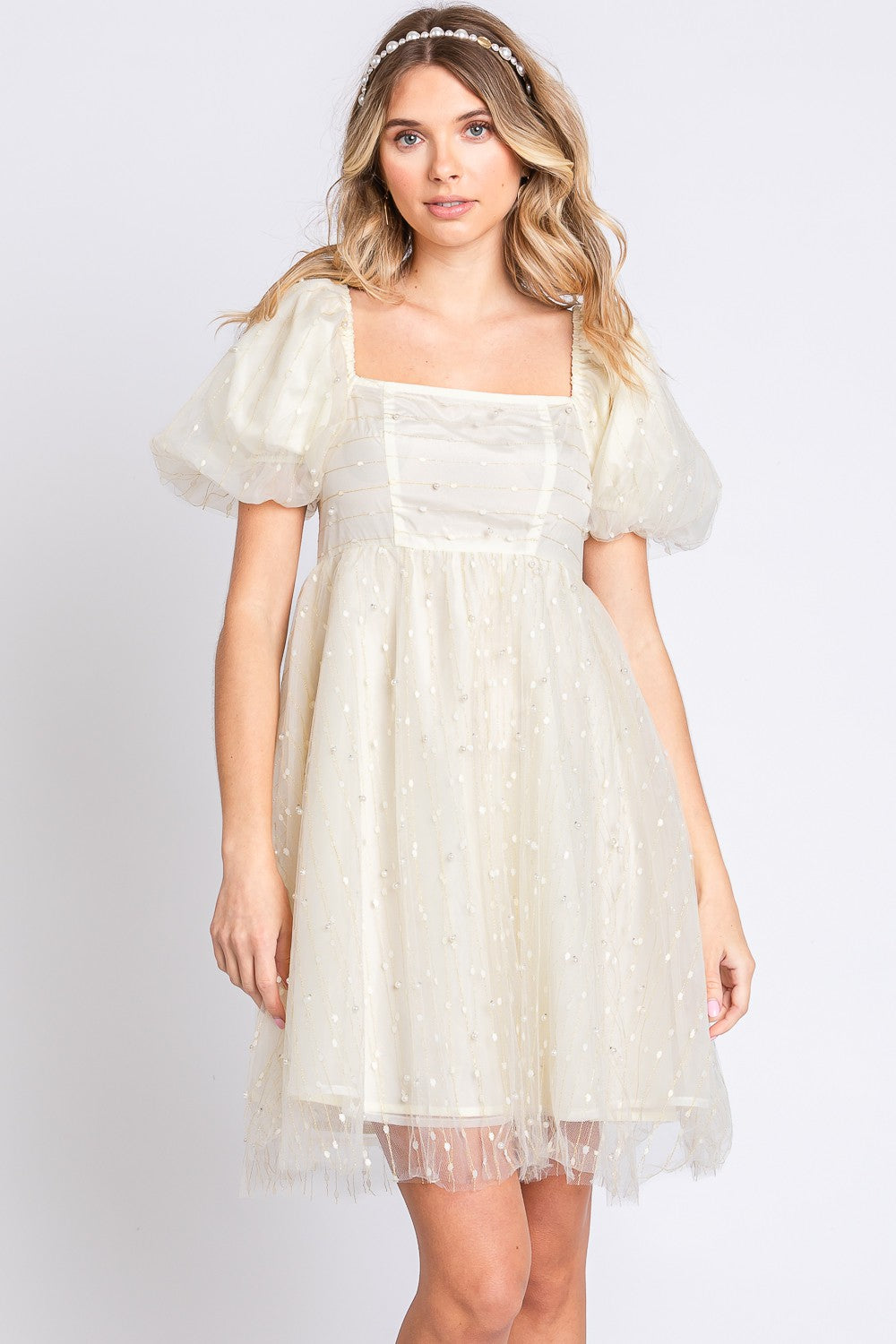 GeeGee Pearl Mesh Puff Sleeve Babydoll Dress - 1985 the VAULT Boutique