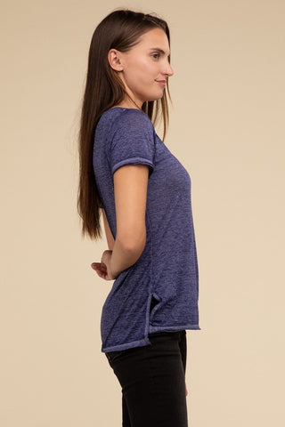 Basic Washed Melange Burnout Scoop V-Neck Top - 1985 the VAULT Boutique