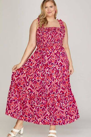 She + Sky Full Size Smocked Printed Wide Strap Tiered Dress Plus Size - 1985 the VAULT Boutique