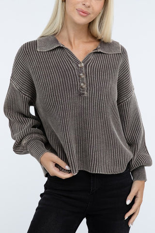 Washed Collared Henley Sweater - 1985 the VAULT Boutique