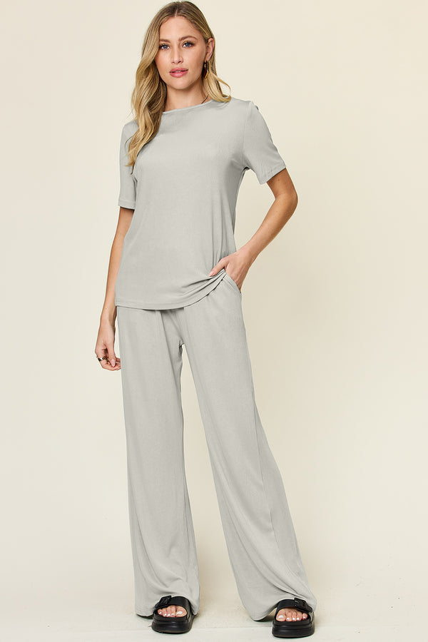 Double Take Full Size Round Neck Short Sleeve T-Shirt and Wide Leg Pants Set - 1985 the VAULT Boutique