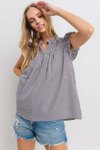 Ces Femme Plaid Notched Ruffled Cap Sleeve Blouse - 1985 the VAULT Boutique