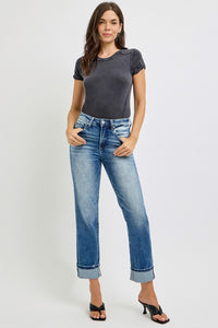 RISEN Full Size High Rise Crop Straight Roll Up Jeans - 1985 the VAULT Boutique