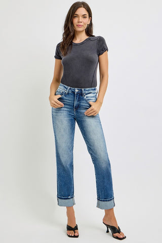 RISEN Full Size High Rise Crop Straight Roll Up Jeans - 1985 the VAULT Boutique